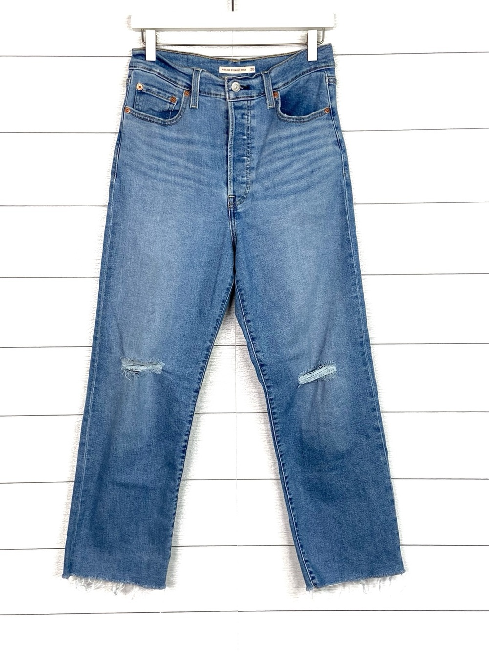 LEVIS Ribcage Straight Ankle Jeans Frayed Hem Crop Classic Button Fly Knee 28